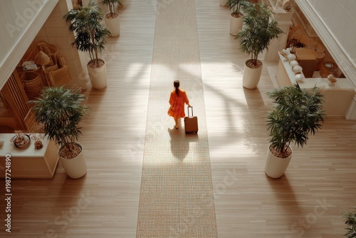Woman with luggage walking down sunlit hotel hallway with plants