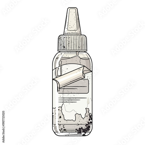 Clear liquid dropper bottle with label and sediment