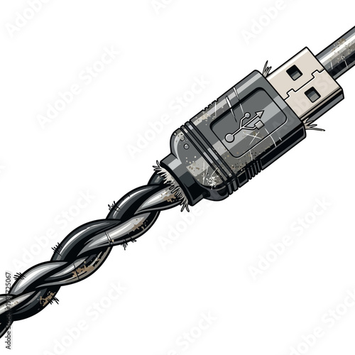 Damaged USB cable with frayed wires and connector