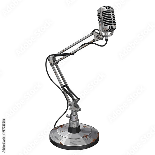 Retro microphone on articulated arm, vintage audio equipment isolated on white