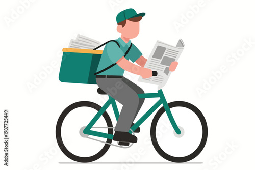 Cartoon newspaper delivery worker riding teal bicycle with green outfit and bag full of papers.