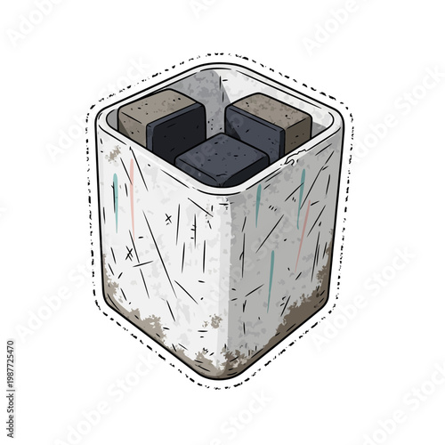 Square ice cubes in a textured white container, drawing style