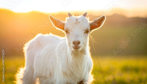 A white goat kid stands facing forward in a field with the sun setting in the background. It looks calm and happy