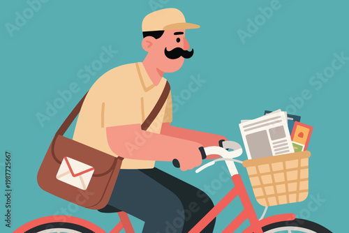Cartoon mail carrier riding red bicycle with messenger bag and front basket of newspapers on teal background.