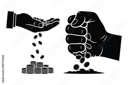 Hands dropping coins and coins accumulating with currency spending receiving