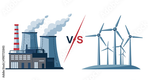 Comparison of Fossil Fuel Power Plant and Wind Turbines Vector