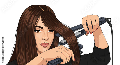 Beautiful Woman Straightening Long Brown Hair Vector Illustration