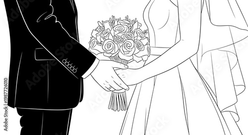 Wedding Couple Holding Hands with Flower Bouquet Line Art Illustration