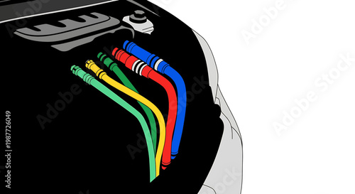 Car Engine Vector Illustration with Colorful Hoses and Wires