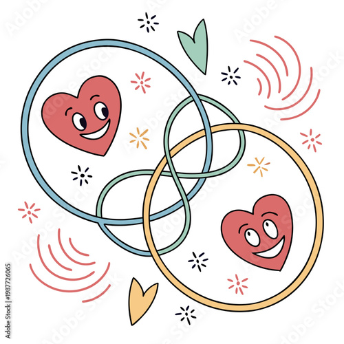 Happy hearts characters in colorful hula hoops.