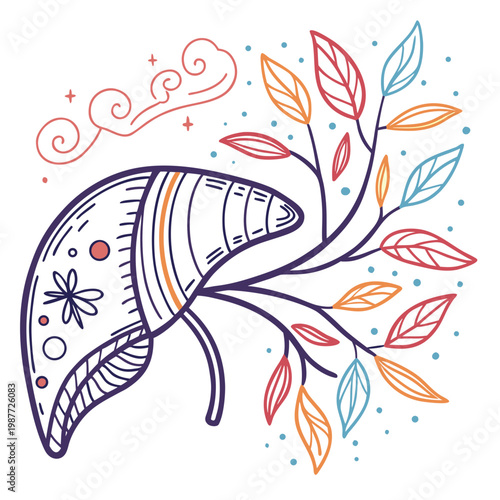 Stylized shell with branch and autumn leaf art.