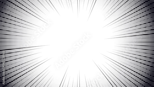 Pop art comic concentrated line frame material with halftone, rays, and speed line effect