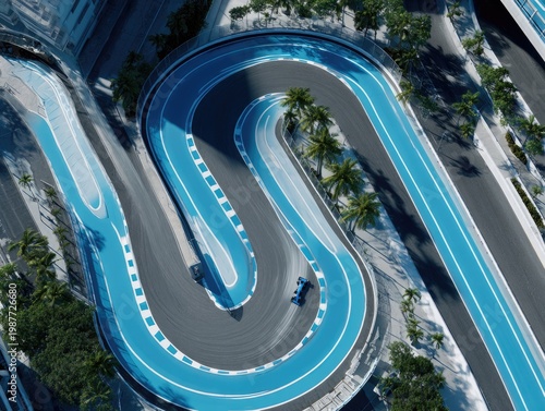 Aerial view of a blue race track with a single blue car curving