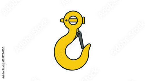A yellow lifting hook with a safety latch, commonly used in industrial settings for hoisting heavy objects.
