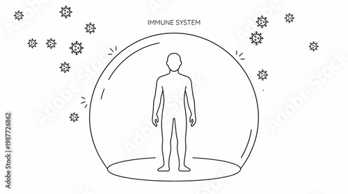 Human body protected by immune system shield from viruses. Vector illustration. Isolated on a white background.
