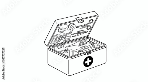 Open first aid kit with medical supplies inside. Vector illustration. Isolated on a white background.