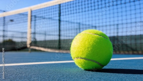 Bright yellow tennis ball resting on a blue hard court next to the net on a sunny day