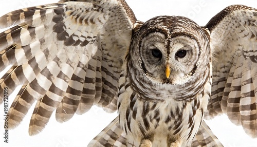 A majestic barred owl with outstretched wings in flight against a clean white background, showcasing detailed feathers
