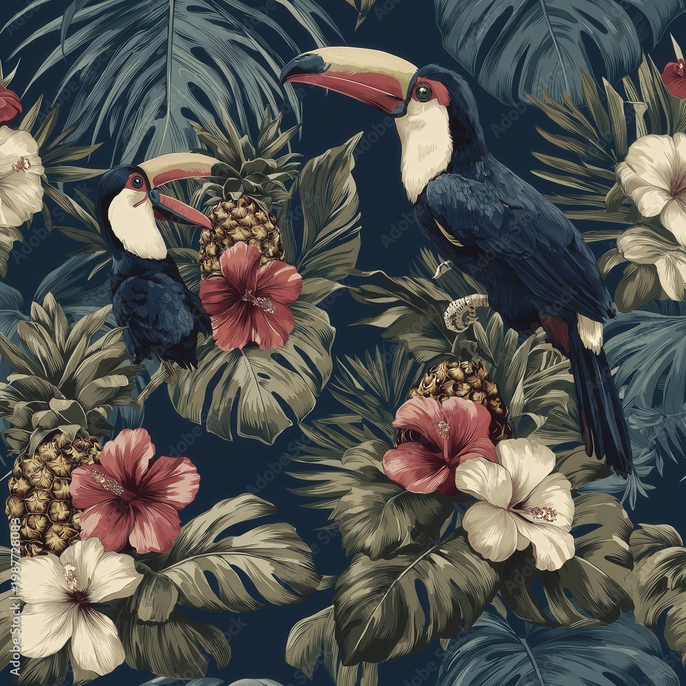 Fototapeta premium Tropical pattern featuring toucans, hibiscus flowers, pineapples, and lush leaves on a dark background.