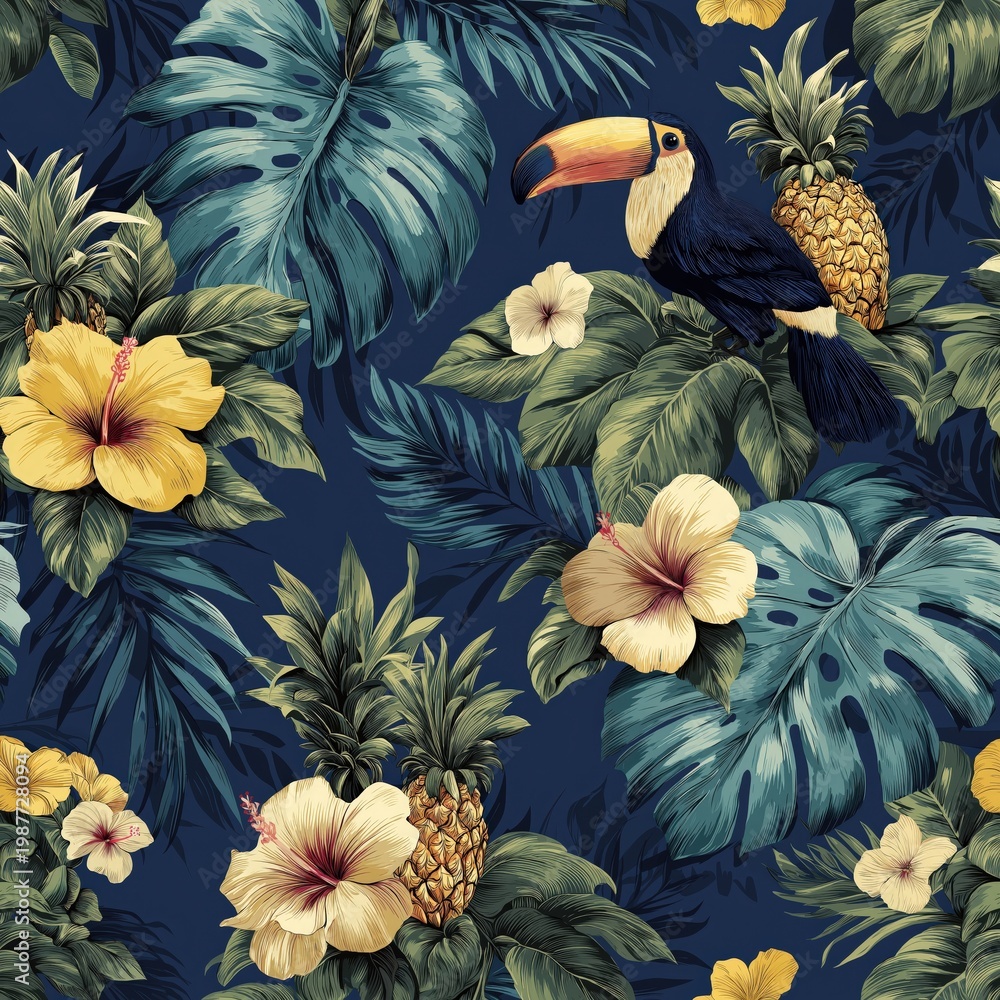 Fototapeta premium A vibrant tropical pattern featuring toucans, pineapples, large green leaves, and yellow hibiscus flowers on a dark blue background.