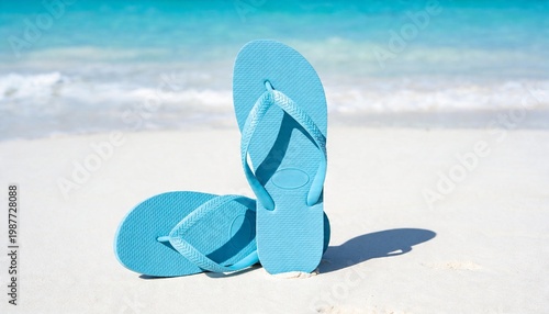 Pair of bright blue flip-flops resting on a pristine white sandy beach with turquoise ocean waves in the background