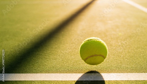 A single bright yellow tennis ball suspended in the air above a green tennis court with a long shadow cast by the net