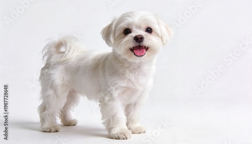 Adorable small white Maltese dog with a happy expression standing on a clean white background