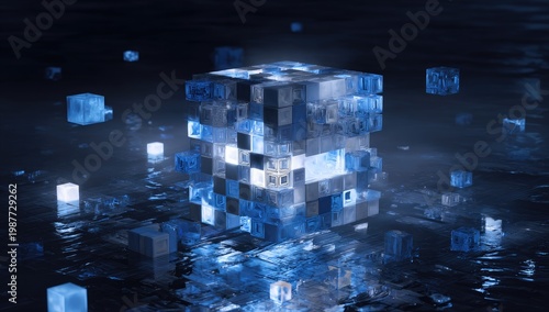 Glowing abstract cube constructed of smaller glowing cubes