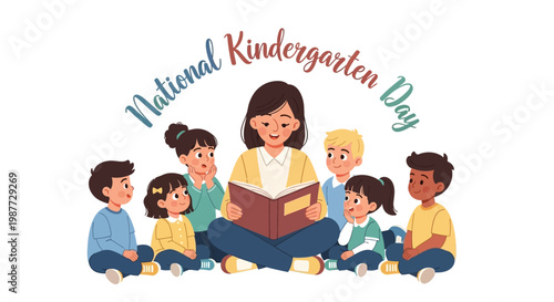 A colorful National Kindergarten Day illustration featuring a teacher reading a book to a diverse group of children in a playful classroom setting, conveying a joyful mood against a clean