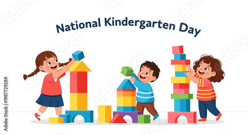 Celebrating National Kindergarten Day, a vector illustration shows three happy children stacking colorful blocks into towers against a clean white background, in a playful classroom