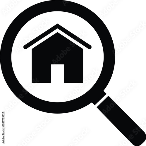 Magnifying glass over house icon searching for home symbol on transparent background.