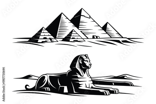 Egyptian pyramids and sphinx silhouette icons with pyramids egyptian monument