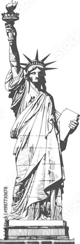 Statue of Liberty Hand Drawn Line Art Sketch, Minimalist Outline Illustration of Liberty Enlightening the World, Vintage Style Monochrome Drawing, American Landmark New York City Icon, Editable Vector