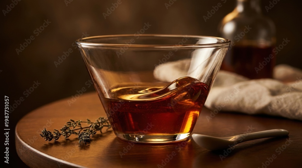 Fototapeta premium Warm honey resting in an angled glass bowl on a round wooden board, rich liquid gold surface with gentle wave motion, herbs, bottle blur and spoon accents in a cozy editorial food setting