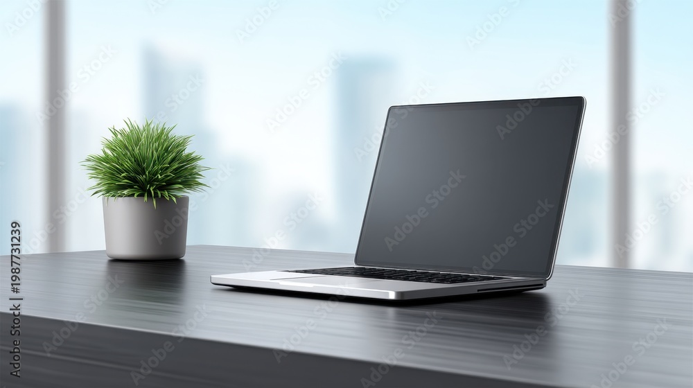 Fototapeta premium Minimalist Workspace with Laptop and Potted Plant in Soft Focus Background of Cityscape for Modern Office and Remote Work Environments
