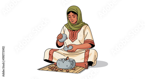 Traditional Argan Oil Extraction Process Flat Vector Illustration