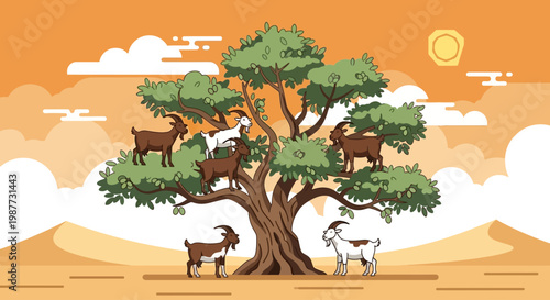Argan Tree Ecosystem with Climbing Goats Flat Design