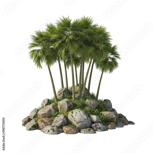 A serene tropical island with lush palm trees and a rocky shore