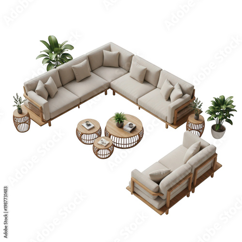 A luxurious white sectional sofa with a matching ottoman and side table in a modern living room.