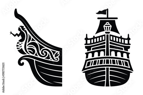 Nautical ship detail and bow section silhouette with mermaid figurehead