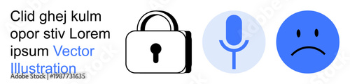Privacy, security, emotions, communication tools, sound recording, digital safety. Padlock, microphone and sad face icons in a minimalist style. Privacy and emotions concept