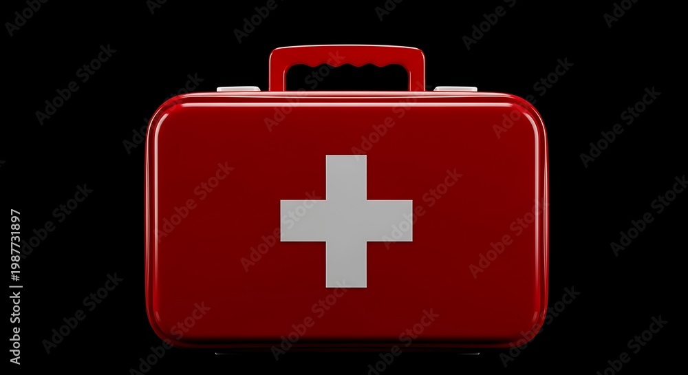 Fototapeta premium Shiny red first aid kit with white cross against a stark black background