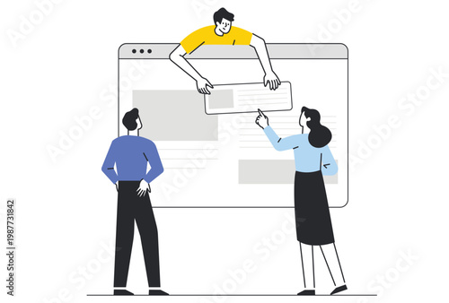 Team of professional developers collaborating on website interface layouts to improve user experience and navigation through creative teamwork.