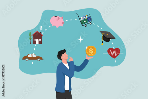 Budget planning, personal finance to allocate expense or payment, income and saving, accounting concept, businessman holding money coin think about budget planning with expense categories.