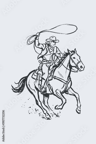 Cowboy on Horse Throwing Lasso Hand Drawn Sketch