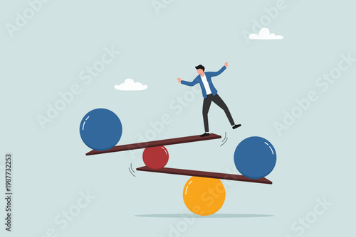 Work life balance, challenge or risk management, the concept of self-confidence, an entrepreneur balancing himself on the metaphor of a stable life balance.