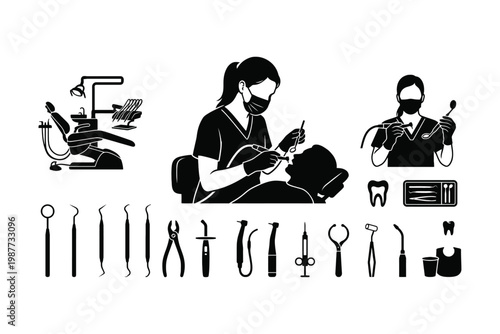 Dentist and Tools Silhouette Collection Dental Clinic Professional Healthcare Vector Set