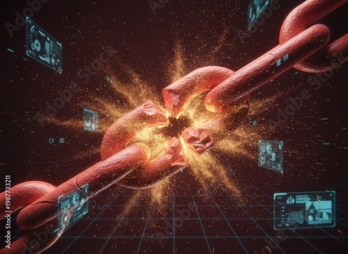 Crimson Metal Chain Breaking with Intense Sparks and Digital Interfaces Foreground a Dramatic Industrial Background Representing Resilience and Conflict Resolution