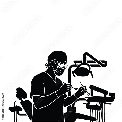 Dentist and Dental Tools Silhouette Set, Oral Care Equipment Icons, Medical Clinic Tooth Treatment Vector Illustration