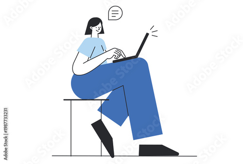 Woman sitting on stool working on laptop with chat bubble vector illustration for online communication, remote work, and digital conversation.